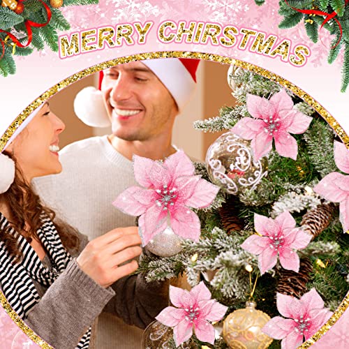 Geosar 100 Pcs 3 Size Christmas Poinsettia Flowers with Clips Glitter Artificial Flowers Small Christmas Tree Ornaments Faux for Xmas Party DIY Craft Wreath Garland New Year, 3/4/6 Inches(Pink) - color: Pink