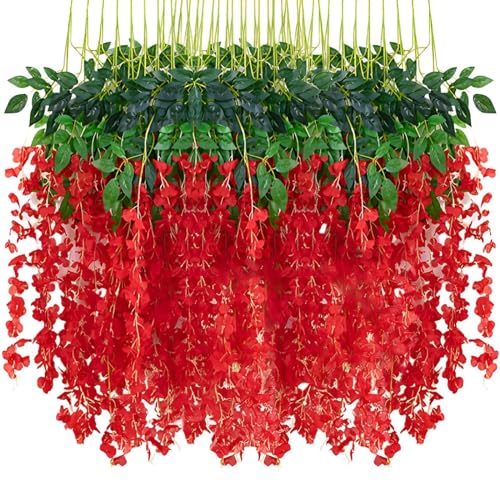 24pcs Wisteria Hanging Flowers,3.6 FT Fake Wisteria,Artificial Wisteria Hanging Flowers Wisteria Garland Arch Silk String for Wedding Garden Party Outdoor Home Wall Decoration (24pcs red)
