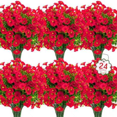 Ouddy Decor 24 Bundles Artificial Flowers for Outdoors Decoration Fake Silk Morning Glory Flowers Faux Eucalyptus Plants UV Resistant for Porch Patio Garden Spring Summer Home Decor, Red - color: Red