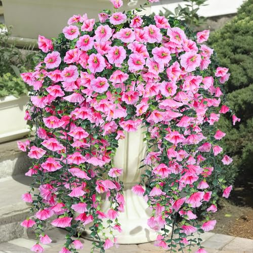 Artificial Flowers Fake Fall for Outdoor, 4 Pcs Faux Hanging Flowers Outdoor Fall Decor, No Fade UV Resistant Fake Mums Silk Flower for Front Door Porch Planters Patio Yard Garden autumn Pink - color: Pink