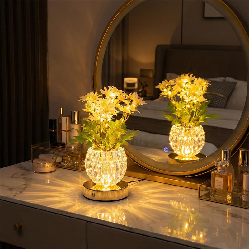Flower Table Lamp, 3 Colors Touch Stepless Dimming Daisy Night Light, Rechargeable Artificial Flower Light, LED Flower with Vase Lamp Romantic Decor for Date Party Home (Yellow - Daisy) - color: Yellow - Daisy