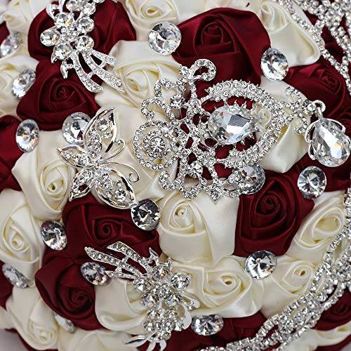 Handmade Luxury Wedding Bridal Bouquet Large Silk Rose Holding Toss Artificial Flowers Bouquets with Satin Ribbon Pearls Rhinestone for Bride Vintage Royal Wedding Bouquet (Red+Ivory) - color: Red+ivory