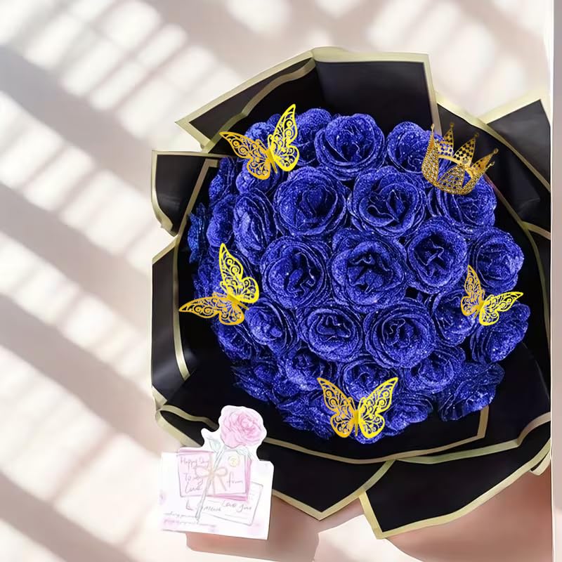 Glitter Roses Bouquet, DIY Fake Glitter Flowers Bouquet, Everlasting Shiny Artificial Red Rose Bouquet, Anniversary, Engagement, Wedding,Blue,12 Roses - color: Blue-12
