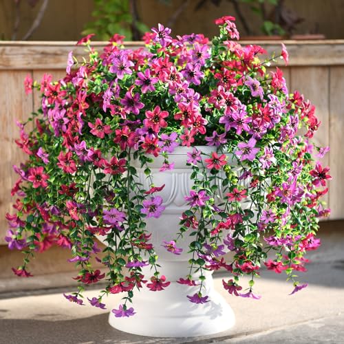 Homsunny Artificial Faux Hanging Flowers Plants for Outdoor Summer Decoration, 2 PCS Fake Silk Flowers for Outside Daisy Planter UV Resistant Look Real for Patio Porch Home Decor(Mix Purple) - color: Mix Purple