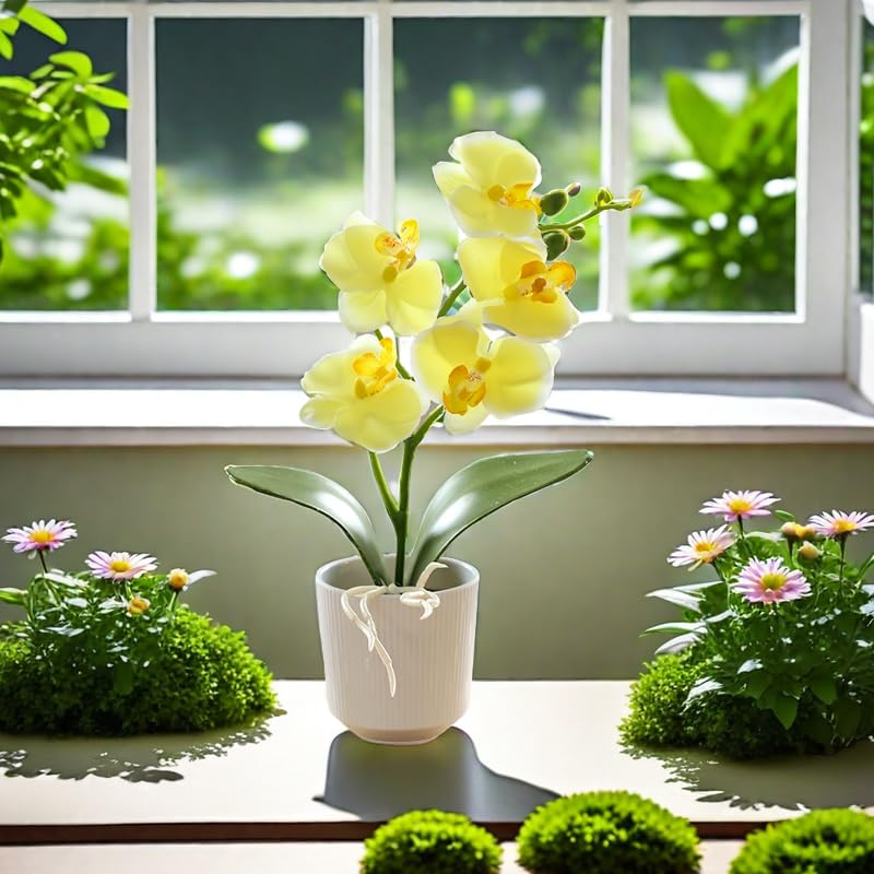 10.2" Orchids Artificial Flowers Fake Orchid Plant Potted Butterfly Orchid Silk Flowers Decor for Home Living Room Bathroom Wedding Office Decoration (Yellow) - color: Yellow