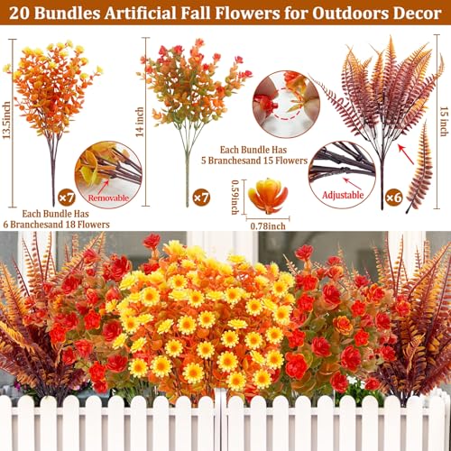 20 Bundles Artificial Fall Flowers for Outdoors Fall Decorations - UV Resistant Fake Mums Faux Fall Plants Plastic Flowers for Garden Porch Fireplace Patio Home Indoor Autumn Fall Thanksgiving Decor - color: Mix Orange Brown Yellow, size: 20 Bundles