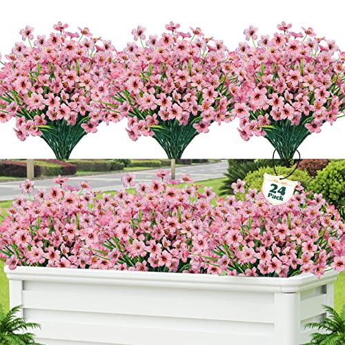 Lnoicy 24 Pcs Artificial Flowers for Outdoor,Plastic Flowers Decoration, UV Resistant Faux Flowers Shrubs, Artificial Plants for Indoor Outside Garden Home Wedding Farmhouse(Pink) - color: Pink, size: 24