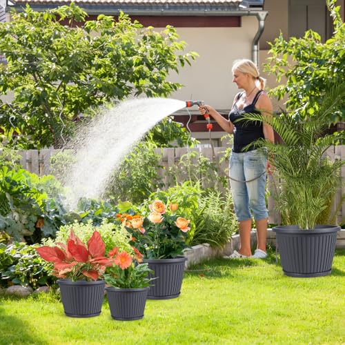 10-inch-Planters-for-Outdoor-Plant，Plastic Indoor Flower Pots with Drainage Holes & Saucer, 4 Packs Decorative Garden Pots for Plant for Home Porch Decor - color: Gray, size: 10 inch-4 Pack