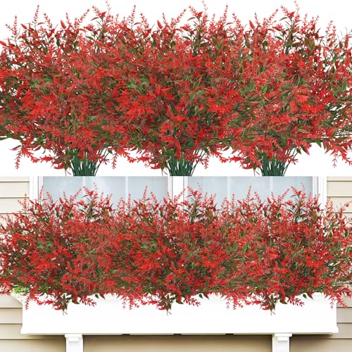42 Pcs Fake Lavender Flowers Outdoor UV Resistant Faux Plastic Lavender Flowers No Fade Artificial Lavender Purple Plants for Outside Garden Porch Window Box Hanging Planter Decor (Red) - color: Red, size: 42 Pcs