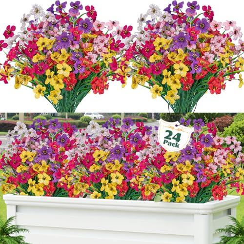 Lnoicy 24 Pcs Artificial Flowers for Outdoor,Plastic Flowers Decoration, UV Resistant Faux Flowers Shrubs, Artificial Plants for Indoor Outside Garden Home Wedding Farmhouse（6 Color） - color: Mix Colors, size: 24