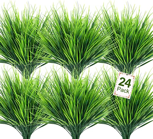 Ouddy Decor 24 Bundles Artificial Plants Outdoors Fake Wheat Grass Faux Greenery Stems Plastic Shrubs UV Resistant for Patio Garden Porch Window Box Spring Home Decor, Green - color: Green, size: 24 Bundles