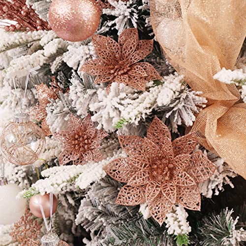 Wironlst 24 Pieces Glitter Poinsettia Flowers Christmas Tree Ornaments, Glitzy Poinsettia Bushes Christmas Decorations for Xmas/Holiday/Seasonal/Wedding (Rose Gold) - color: Rose Gold