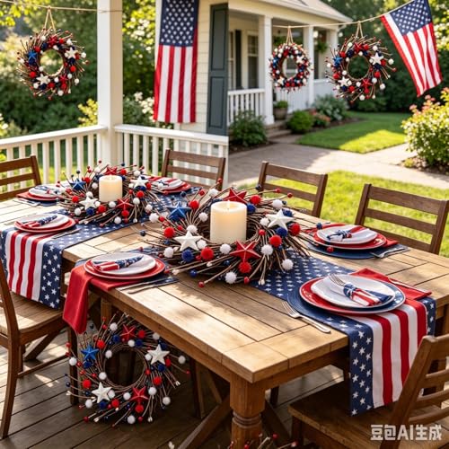 6 Pcs Mini 4th of July Hanging Wreaths for Cabinets with Berries Pom Poms Balls Artificial Small Independence Day Pillar Candle Rings Wreath for Home Kitchen Front Door Window Porch Wall Decor - color: Patriotic-14