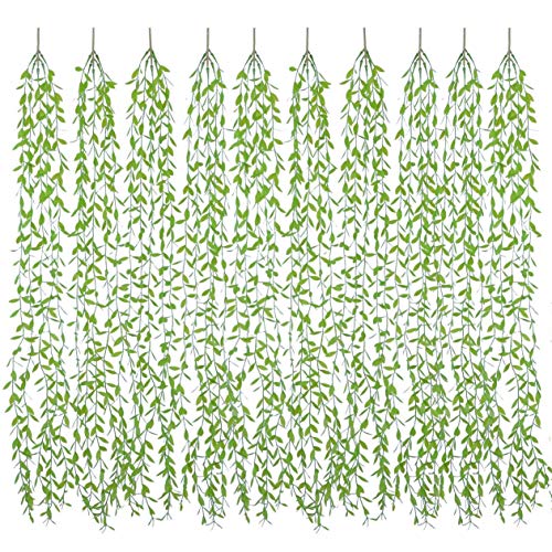 Artificial Hanging Vine, 10 Pcs Weeping Willow Plastic Plants Greenery Leaves Faux Ivy Garland Fake Plant UV Resistant for Indoor Outdoor Garden Door Wall Baskets Wedding Party Table Decoration Green - color: Hanging Willow-green-10 Pcs