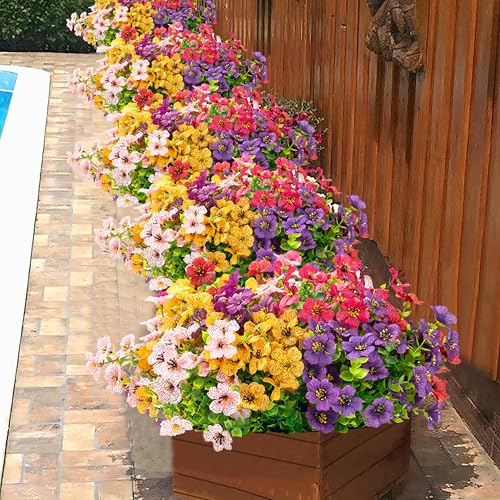 Artificial Flowers for Outdoor Indoor Garden Home Decoration, Faux Flower Daisy with Eucalyptus Leaves Fake Plants Greenery Boxwood Porch Patio, 12 Bundles - color: 6 Multicolor