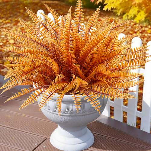 Uieke 12PCS Artificial Ferns for Outdoors, Fake Fall Boston Fern Plants UV Resistant No Fade Faux Plastic Greenery Bushes for Indoor Outside Window Box Fall Décor Autumn Orange - color: Autumn Orange-12 Bundles