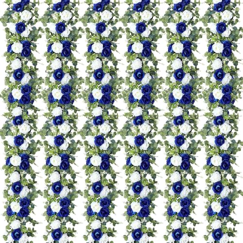Riceshoot 6 Pcs 26 ft Artificial Eucalyptus Vines Garland with Flowers Faux Floral Greenery Garlands Rose Wreath for Wedding Party Arch Table Decor Backdrop Decorations (Blue and White) - color: Blue and White