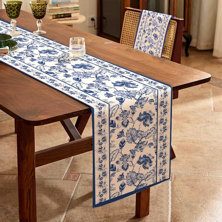 WRAPAHOLIC Blue Floral Table Runner - 13 x 106 Inch - Seasonal Spring Summer Farmhouse Indoor Kitchen Anniversary Wedding Dining Table Decorations for Home Party - size: 13 x 106 inch