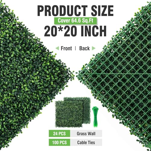 KASZOO 24 Pack 20"x20" Grass Wall Panels - Artificial Boxwood Panels for Greenery Wall Backdrop, Faux Greenery for Indoor Outdoor Decor, Garden Fence, Wedding, Privacy Screen, 66 Sq. Ft. Coverage - size: 24 Pack, 20in x 20in