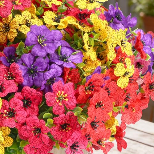 CEWOR Artificial Flowers for Outdoor Indoor, Fake Silk Daisy with Eucalyptus Leaves, Faux Flower for Garden Front Door Porch Planter Patio Home Decor (24 Bundles, Mix Red Purple Yellow Fuchsia) - color: 4 Color Daisy