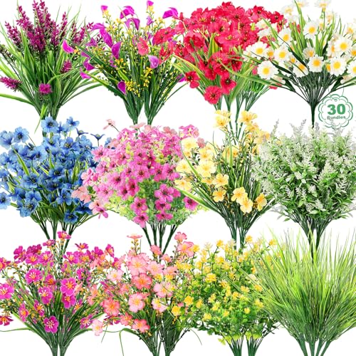 30 Bundles 12 Style Artificial Flowers for Outdoors Fake Silk Flowers UV Resistant Faux Plastic Plants for Spring Summer Garden Porch Window Box Table Vase Home Indoor Outdoor Hanging Decoration - color: Spring Flowers for Outdoors