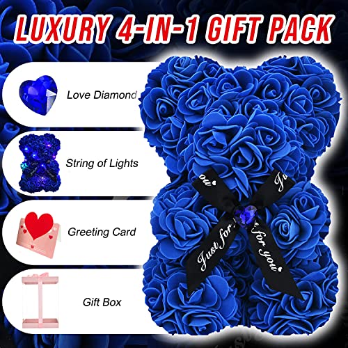 Lgv Flower Rose Bear,Romantic Gift for Valentine's Mother's Day, Christmas, Birthday,Girl Friend Her Mom Female Wife with Artificial Heart-Shaped Diamonds Sapphire Blue - color: Sapphire