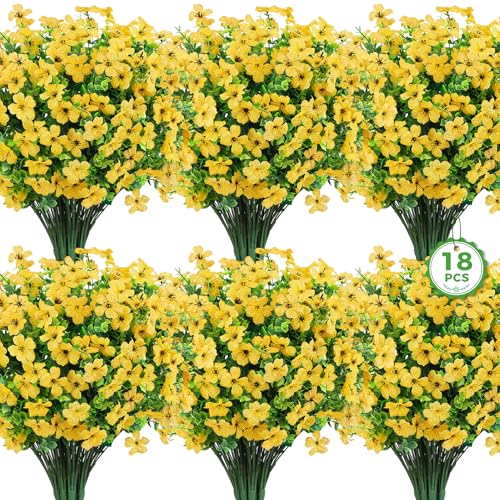 Roberly Artificial Flowers for Outdoors, UV Resistant Silk Faux Flowers Daisy with Eucalyptus Greenery Stems Fake Plastic Plants for Spring Summer Patio Garden Home Decor, 18 Bundles, Yellow - color: Yellow