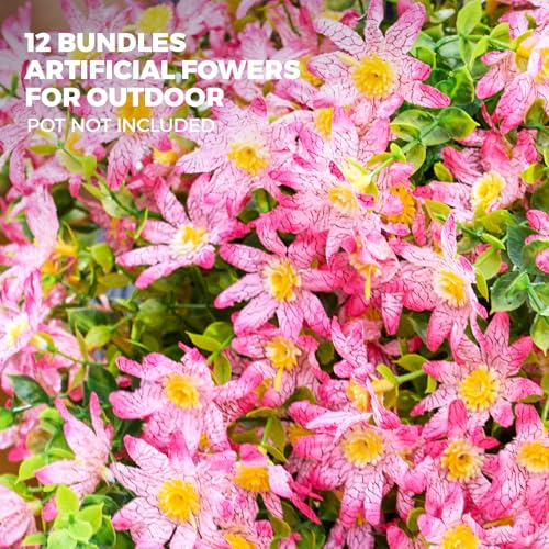 PONKING Artificial Flowers for Outdoors Patio Decoration 12 Bundles Fake Flower Daisy UV Resistant Faux Plants Yard Garden Porch Home Boxwood Planter Patio Mothers Day Decor, Deep Pink Flower - color: D Deep Pink Daisy 12pcs
