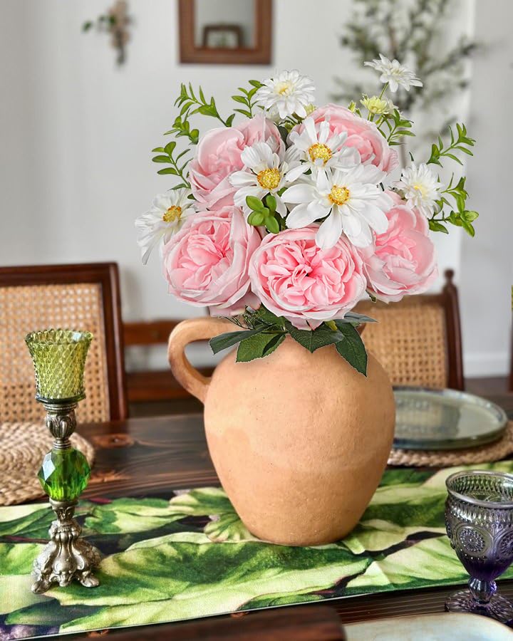 GnFlus Peonies Artificial Flowers, 9PCS Mixed Pink Faux Flowers with Peonies & Daisies, Up to 18.5 Inch Long Silk Fake Flowers for Vase DIY Wedding Bouquet Party Centerpieces Arrangement Home Decor - color: Peony, Pink