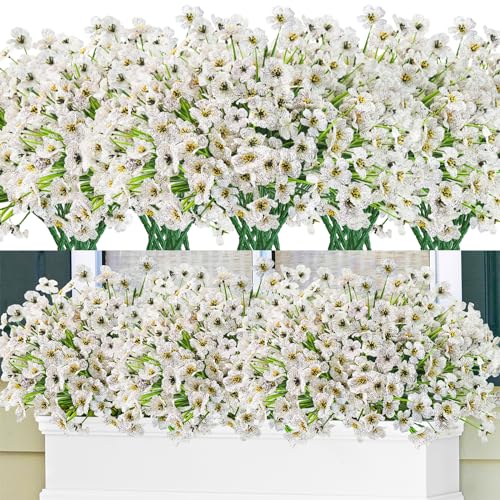 Krissing 48 Bundles Outdoor Artificial Flowers UV Resistant Fake Silk Flowers Faux Plastic Plants Outside Garden Porch Window Box Summer Decoration (White) - color: White