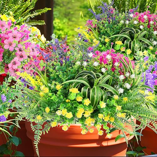LELEE 24 Bundles Artificial Flowers for Outdoors Fake Silk Flowers Plants UV Resistant Faux Boston Fern Greenery Stems for Spring Garden Indoor Hanging Front Porch Patio Window Box Planter Decor - color: Artificial Flowers for Outdoors