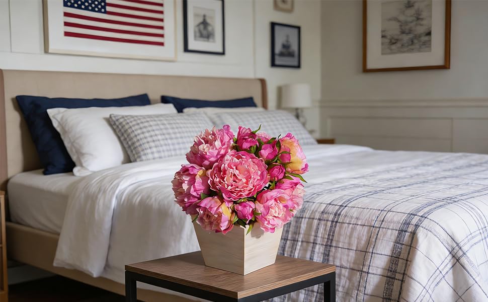Artificial Hydrangea Flowers Arrangement in Wood Planter, 4PCS Fake Flowers in Wooden Vase Potted Floral Centerpieces for Tables Living Room Home Office Kitchen Decor (Pink Peony) - color: Pink Peony