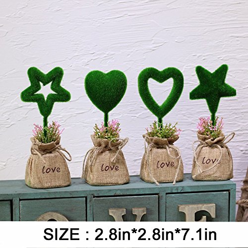 Ainiess Home Decorative Artificial Topiary Set, Green Hedge Artificial Plant Set, Linen Base, Fake Plant Letters, Set of 4 (Heart & Star)