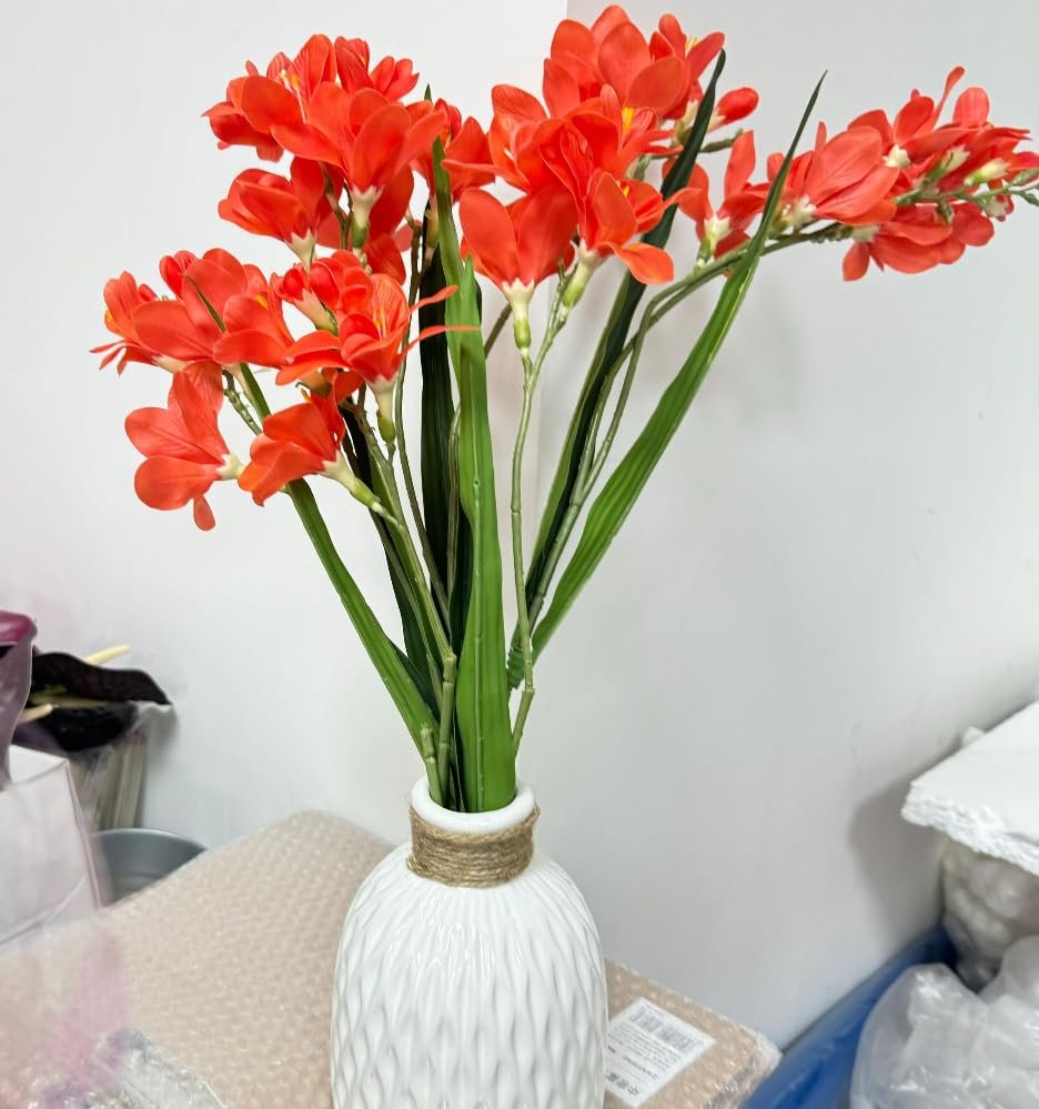 4pcs Freesias Flowers Artificial with Long Stem,24"Real Touch Dendrobium Plants Fake Orchid Leaves,Faux Larkspur Flowers for Outdoor Table Garden Party Wedding Bouquet Fillers,Patio Decor (Orange) - color: Orange