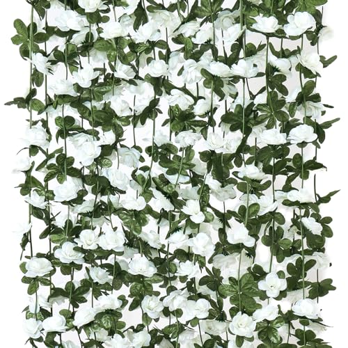 KHOYIME 9 Pack 72 FT Artificial Flower Garland, Fake White Roses Vines Silk Flowers Faux Plastic Outdoor Hanging Floral Ivy Garland Decoration for Wedding Arch Bedroom Home Wall Backdrop Room Decor - color: White, size: 9pcs