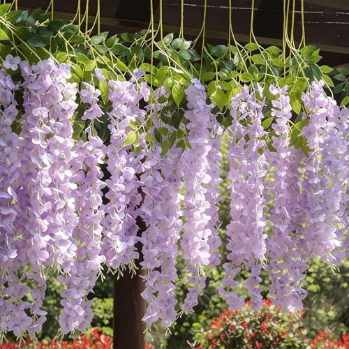 HUAHUA Artificial Wisteria Flowers, White Dense Artificial Fake Wisteria Vine Ratta Hanging Garland Silk Flowers String for Home Party Wedding Decor (24pcs Light Purple) - color: 24pcs Light Purple