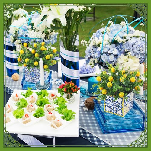 Giegxin Blue Tiles Lemon Table Centerpiece Decor Amalfi Coast Box Decorations with Artificial Lemon Branches for Capri Mediterranean Positano Wedding Birthday Party Decor(4 Sets)