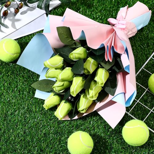 Suhine 12 Pcs Artificial Tennis Rose Flowers Sports Party Favors Bulk for Birthday Graduation Wedding Party Decorations Table Centerpieces Mom Fans Team Coach Senior Night Gift (Tennis Color, Normal) - color: Tennis Color, size: Normal