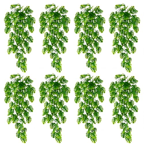 Daifunli 8 Pcs Artificial Hanging Plants Fake Hanging Ferns Plastic Fake Plant for Wall Room Garden Garland Indoor Outdoor Decor No Basket (Monstera Vines) - style: Monstera Vines