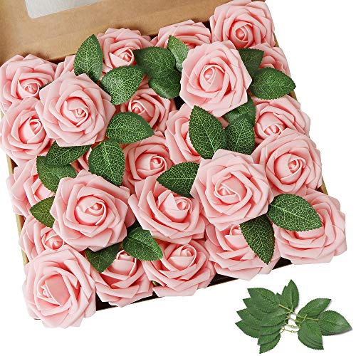AmyHomie Artificial Flower 50pcs Real Looking Fake Roses w/Stem for DIY Wedding Bouquets Centerpieces Arrangements Party Baby Shower Valentines Day Christmas Tree Decorations - color: Pink