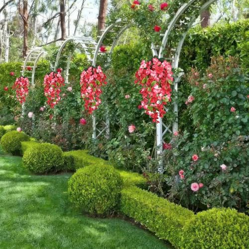 2 Pcs Fake Hibiscus Flowers Artificial Hanging Flowers Plants Outdoors Realistic UV Resistant Spring Summer Decor Red Pink Silk Faux Hibiscus Flower Trailing Vines for Front Door Porch Outside - color: Pink and Red
