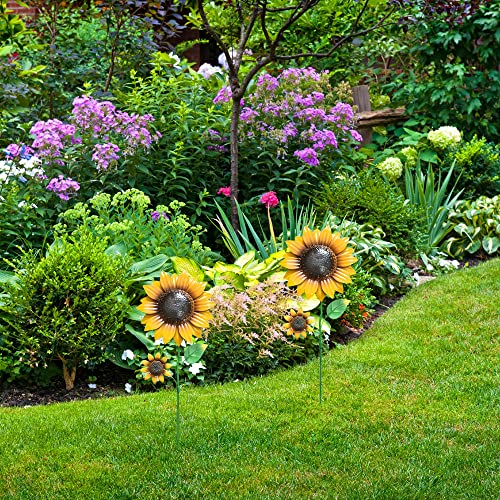 YEAHOME Garden Decor for Outside, 2 Pack 22.4“ Sunflower Garden Stakes Spring Decor, Metal Flowers with Shaking Head Yard Art for Outdoor Yard Lawn Patio Decoration - color: Yellow