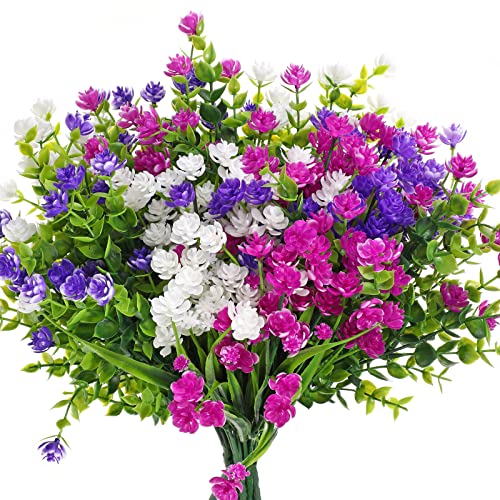 WILLBOND 12 Bundles Artificial Flowers Outdoor, UV Resistant Faux Artificial Plants Shrubs Plastic Flower Bulk for Hanging Planter Porch Window Home Spring Summer Decor(Fuchsia, White, Purple) - color: Fuchsia, White, Purple