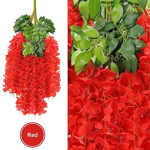 U'Artlines 24 Pack (Total 86.4 Feet) Artificial Fake Wisteria Vine Rattan Hanging Garland Silk Flowers String Home Party Wedding Decor (24, Red) - color: Red
