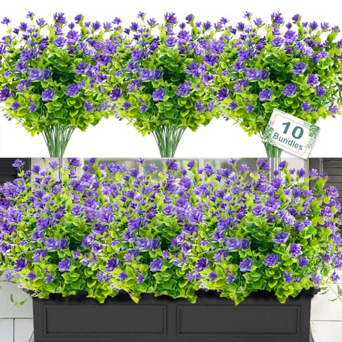 10 Bundles Artificial Flowers for Outdoors,UV Resistant Realisic Fake Plastic Plants Artificial Shrubs Fall Flowers Decor of Vase and Outside Window Box, Ferns Plants for Planter-Purple - color: Purple, size: 10PCS