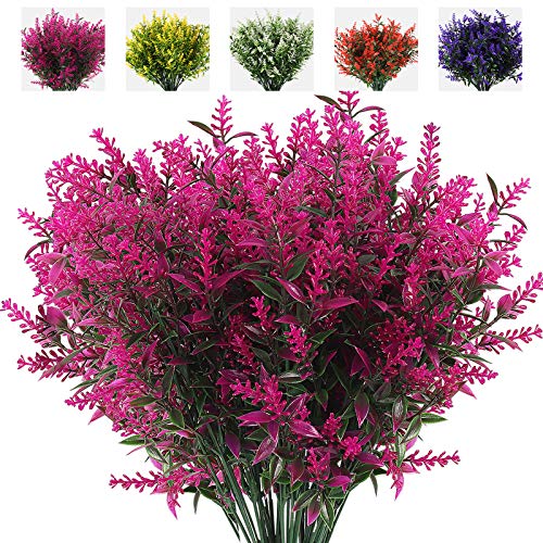 RECUTMS 8 Bundles Artificial Outdoor Lavender Flowers Fake Outside Plants | 13.8",UV Resistant Greenery,Plastic Shrubs,Faux Ferns,Spring Summer Decor,Indoor/Outdoor Hanging Decorations - color: Fuchsia, size: 8 Bundles