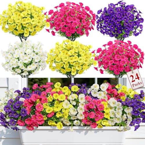 Alupssuc 24 Bundles Artificial Flowers for Outdoors, Faux Spring Flowers for Decoration, UV Resistant Silk Morning Glory with Eucalyptus Realistic Fake Flowers for Yard Planter Porch Garden, 4 Colors - color: Fuchsia, Deeppurple, Yellow, White