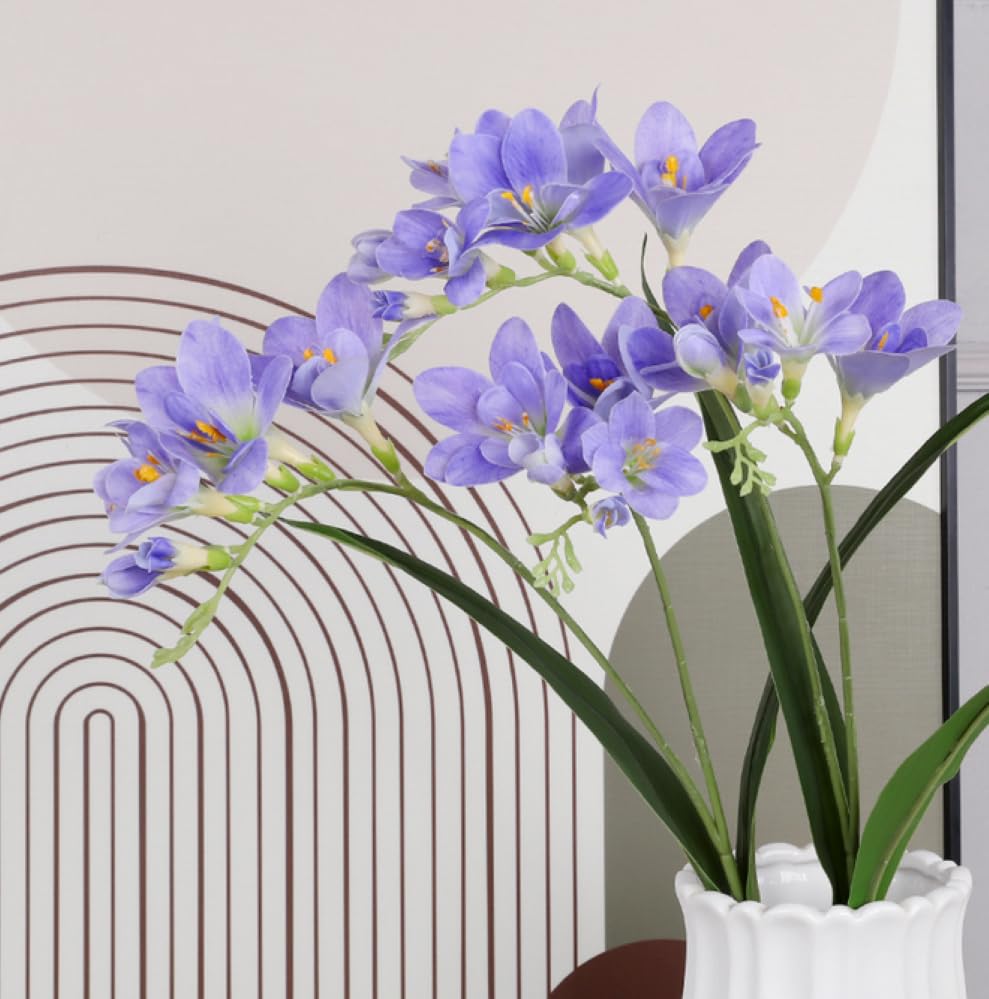 4pcs Freesias Flowers Artificial with Long Stem,24"Real Touch Dendrobium Plants Fake Orchid Leaves,Faux Larkspur Flowers for Outdoor Table Garden Party Wedding Bouquet Fillers,Patio Decor (Blue) - color: Blue