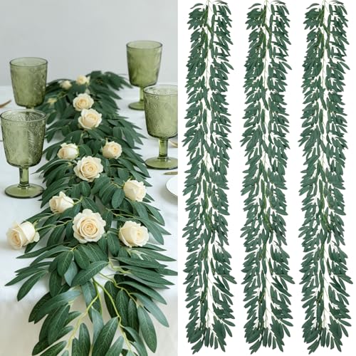 dallisten 3Pcs 6.5FT Artificial Olive Leaves Vine, Realistic Silk Fake Hanging Olive Leaves Greenery Garland for Home, Room, Wedding, Table Runner, Wall, Party, Backdrop, Indoor, Outdoor Decoration - color: Olive Green