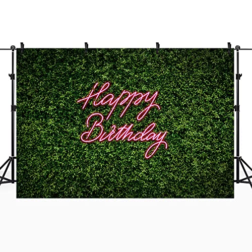 Riyidecor Happy Birthday Backdrop for Women Green Leaves Grass Leaf Girls Spring Plant 7Wx5H Feet Nature Neon Pink Photography Background Birthday Party Decoration Photo Studio Shoot Polyester Fabric - color: A-Green Birthday, size: 7Wx5H
